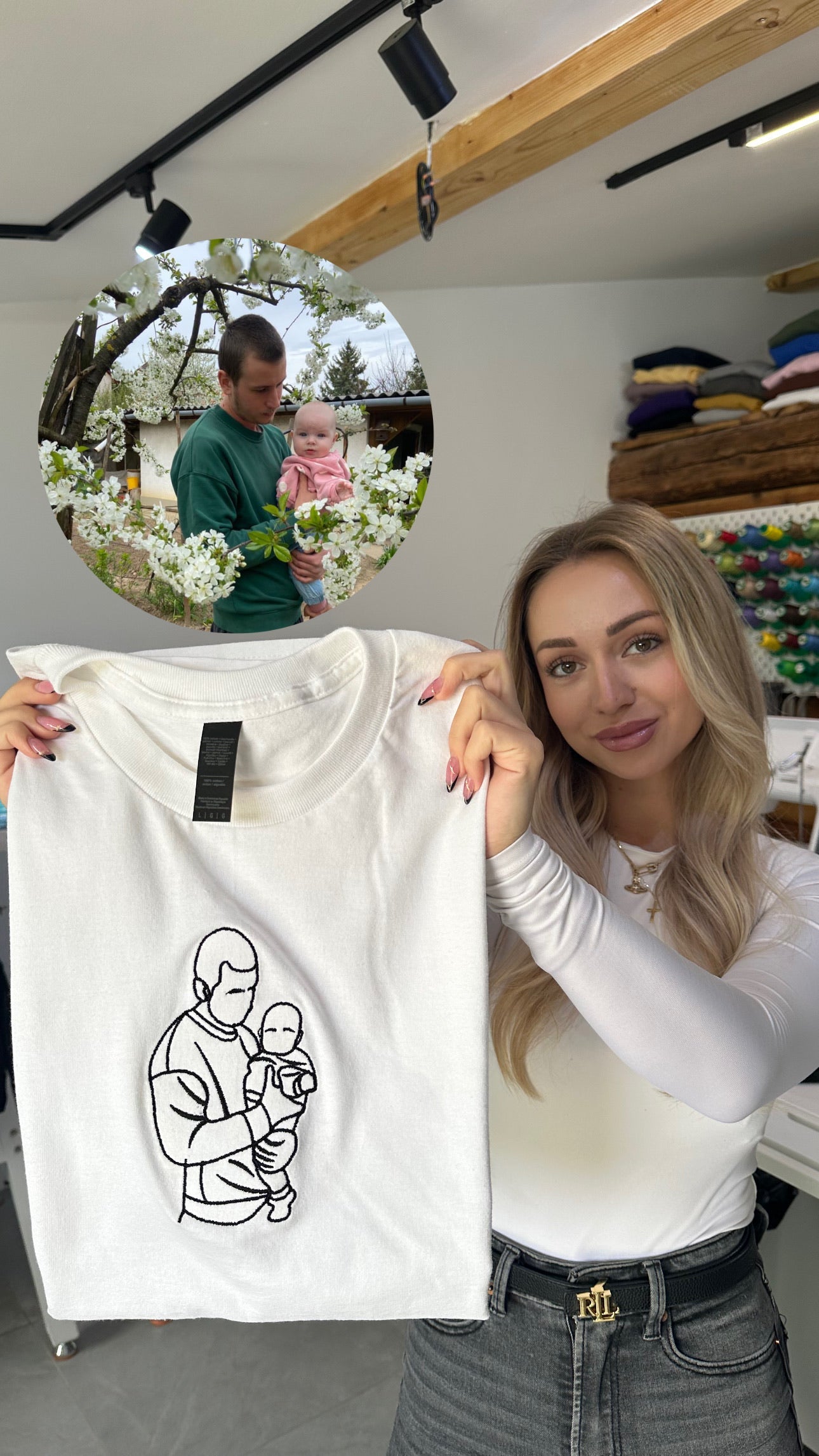 Linková výšivka otce s miminkem